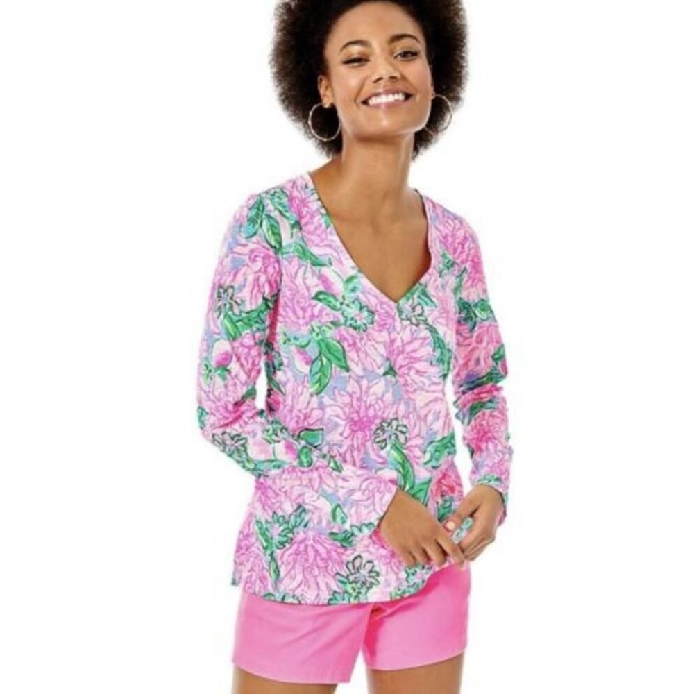 Lilly Pulitzer Floral V-Neck Etta Long Sleeve Top - size XS NWT Try Your Zest